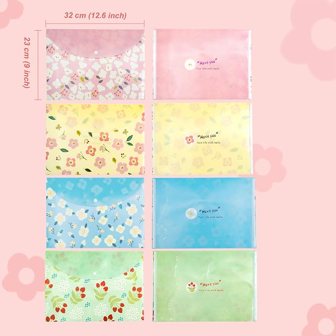 Flower Design Expanding File Folders, 8 Pocket, 4 Pack, A4 Letter Size, Poly Material, 12.8 x 9.3 in