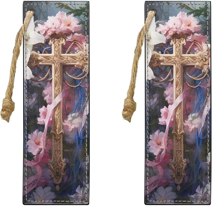Floral Cross Bookmark Set of 2 for Bibles, Books Leather Bookmarks for Women Book Lover Bookish Book Marker with String for Bookworms Bookmarks Accessories Pink