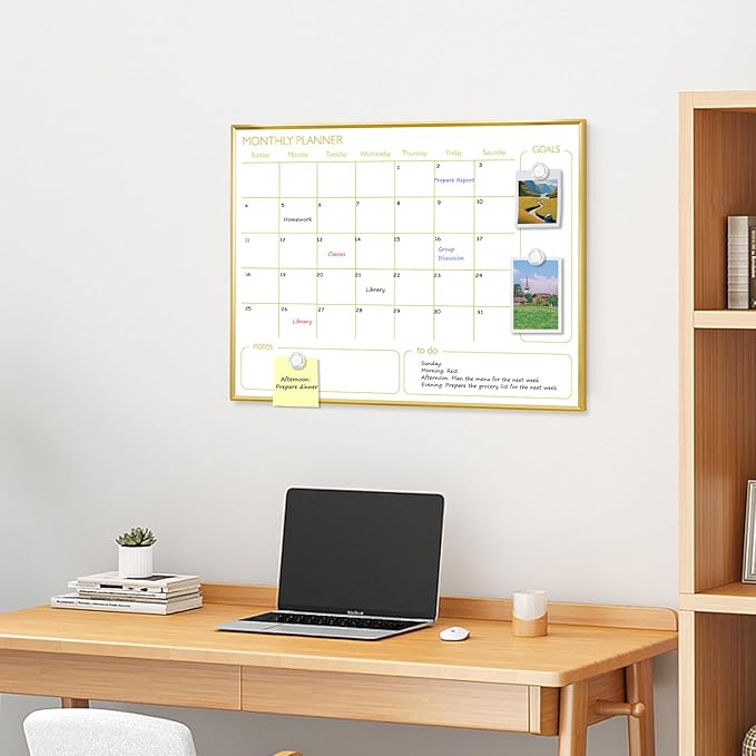 Dry Erase Calendar Whiteboard for Wall, 24'' x 18'' Monthly White Board Planner with Gold Frame, Magnetic Hanging Wipe Board for Home Office School Dorm