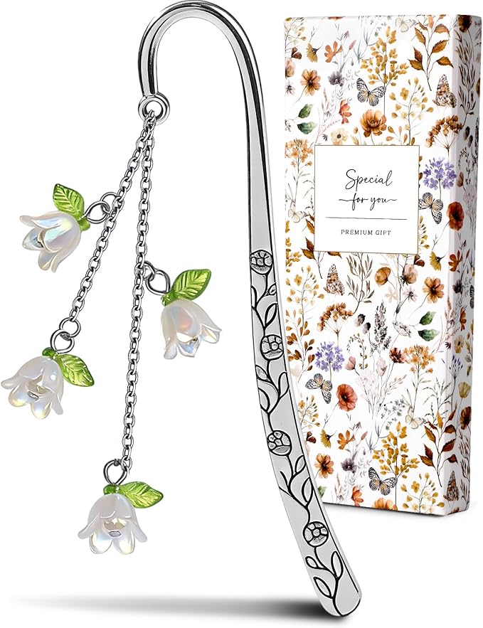 Buleens Bookmarks for Women Reading - Book Marks for Readers Book Lovers, Cute Sliver Lily Floral Personalized Metal Bookmark with Pendants, Pretty and Aesthetic Book Accessories Reading Gifts