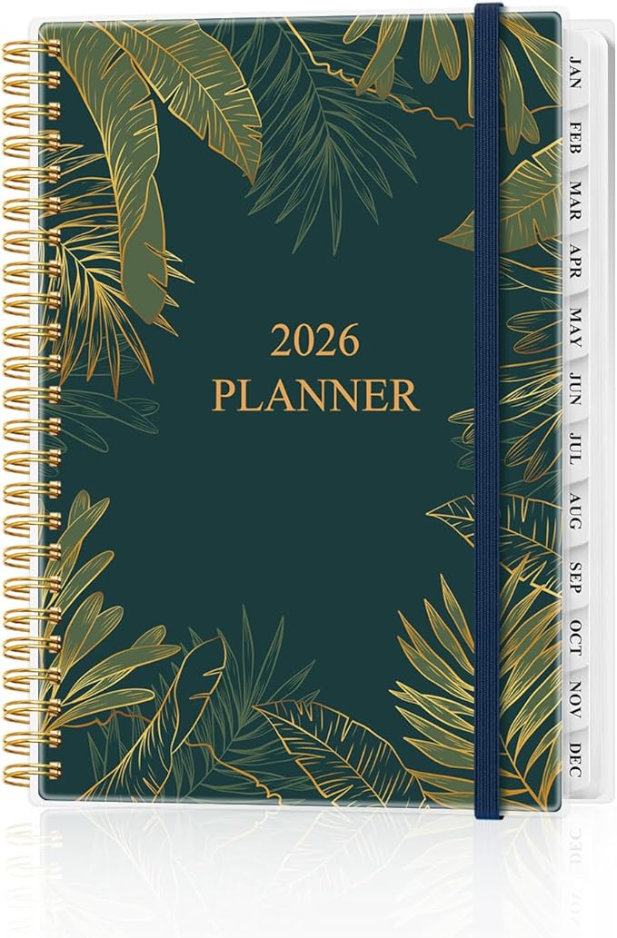Planner 2026 - Weekly & Monthly Planner from January 2026 to December 2026, Agenda 2026 with Inner Pocket, Elastic Band, 6.4" x 8.5", Green Gold Leaf