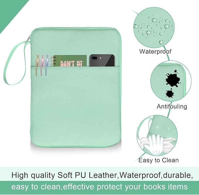 Green Book Sleeve Kindle Pouch, Book Protector Case with Zipper, PU Leather Waterproof Book Cover Bag, Portable Book Pouch for Book Lovers Gifts Paperbacks Bibles Hardcover