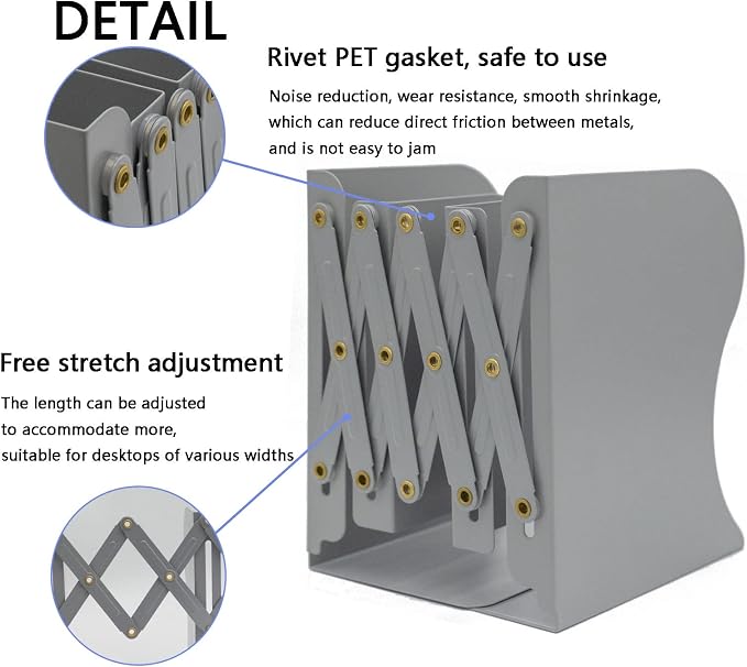 Adjustable Metal Bookends Heavy Duty for Shelves, 2 Dividers, Anti-Slip Design Expandable Book Ends for Desk, Office(Gray, 19 inches Max)