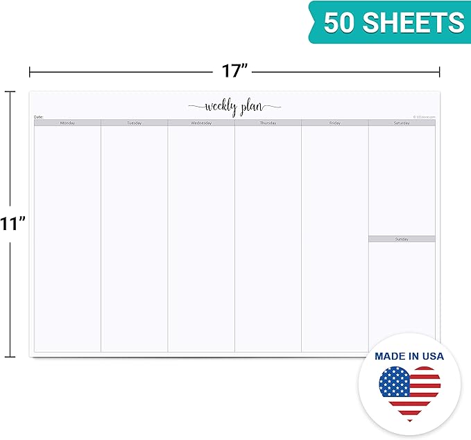321Done Jumbo Weekly Planning Desktop Notepad - 50 Sheets (11" x 17") - Landscape Days of Week Desk Planner, Extra Large - Made in USA - Simple Script