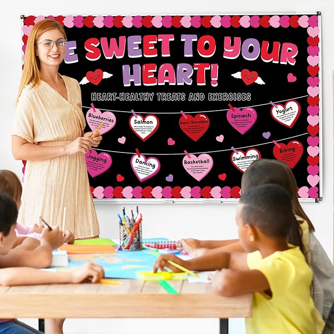 Valentine's Day Heart Health Bulletin Board Set Valentine Sweet to Your Heart Classroom Decoration Healthy Treats and Exercises Bulletin Board Hearts Cutouts for School Home Chalkboard Wall Decor