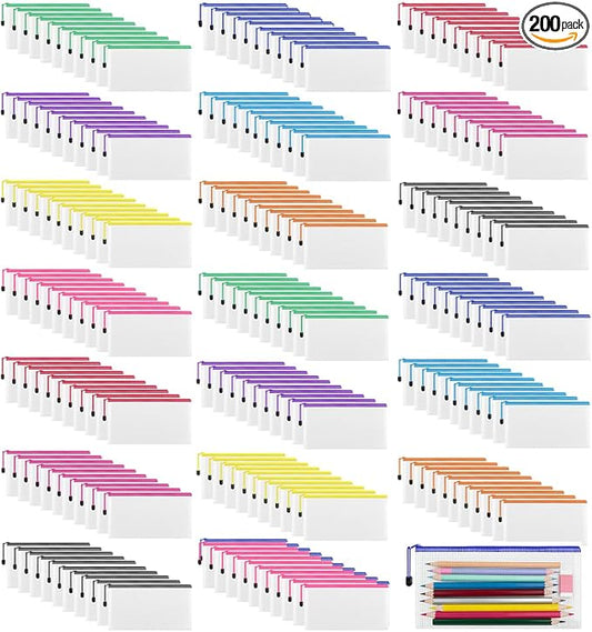 200 Pieces A6 Mesh Zipper Pencil Pouch Bulk Plastic Clear Mesh Storage Bags Waterproof Small Pencil Pouches for School Office Supplies Organization, 9.4 x 4.5 Inches (10 Colors)