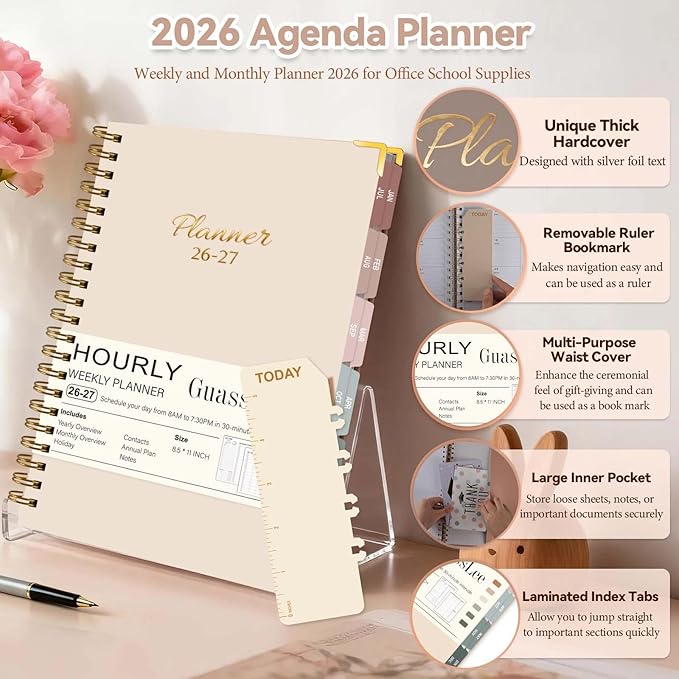 Large 2026-2027 Academic Planner, Weekly & Monthly Appointment Book from Jul. 2026 - Jun. 2027, Work & Life Daily Hourly Planner with Time Slots, Agenda Organizer for Home School, Beige, 8.5" x 11"