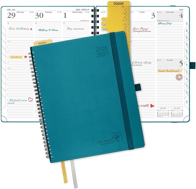 POPRUN Planner 2026-2027 (Large - 8.5'' x 10.5'') Academic Weekly Calendar (July 2026 - June 2027) with Hourly Time Slots, Monthly Tabs, 100GSM Thick Papers, Spiral Leather Cover - Pacific Green