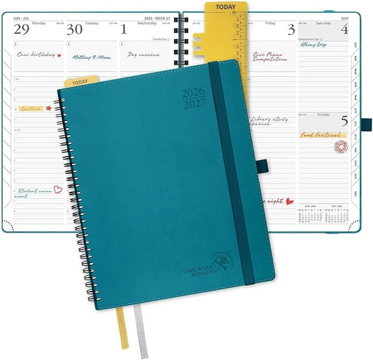 POPRUN Planner 2026-2027 (Large - 8.5'' x 10.5'') Academic Weekly Calendar (July 2026 - June 2027) with Hourly Time Slots, Monthly Tabs, 100GSM Thick Papers, Spiral Leather Cover - Pacific Green
