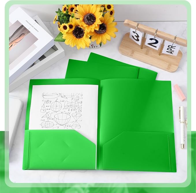 Gueevin 100 Pack Plastic Folder with Pockets, 2 Pocket Folders, Plastic Glossy Folders Fit Letter Size Paper, Heavy Duty Durable File Folder with Business Card for Home Office School (Fresh Green)