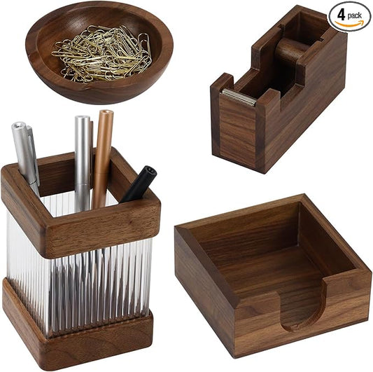 MultiBey 4pcs Walnut Office Supplies Desk Organizers, Wood Sticky Notes Holder Tape Dispenser Cutter Wooden Pencil Cup and Paper Clip Holder for Office Home School