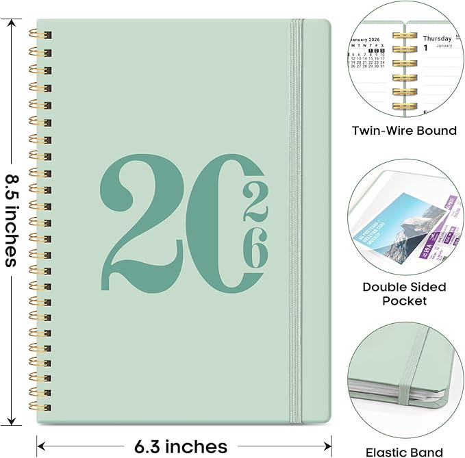 2026 Planner, Weekly and Monthly Calender Planner, Jan 2026 to Dec 2026, Hardcover 2026 Calendar Book with Tabs & Inner Pocket, Office Home School Supplies for Women & Men - A5 (6.3" x 8.5"), Mint