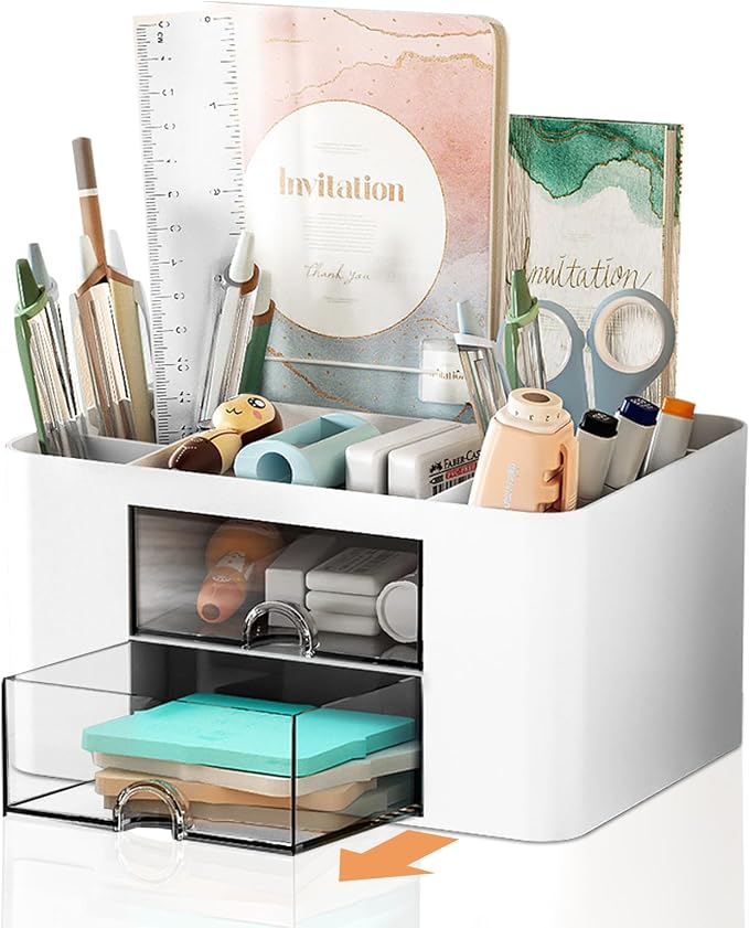 Cayxenful Pencil Pen Holder for Desk,2 Drawer Desk Organizers,5 Compartments Desktop Storage Stationery Supplies Organizer, Cute Pencil Cup Pot For Office, School, Home(White)