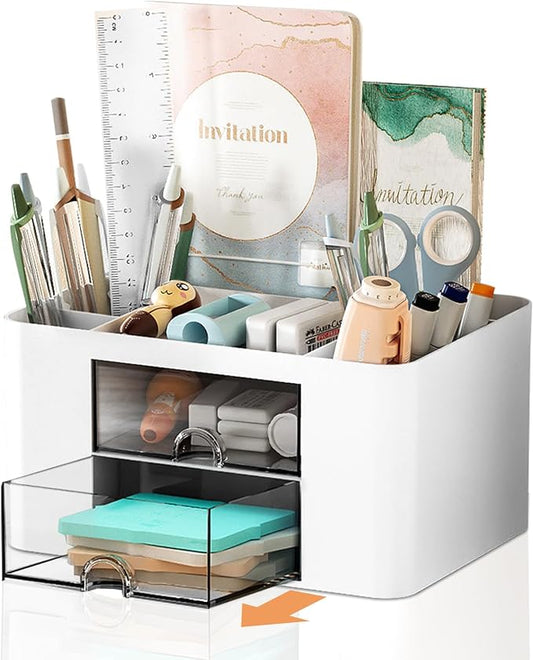 Cayxenful Pencil Pen Holder for Desk,2 Drawer Desk Organizers,5 Compartments Desktop Storage Stationery Supplies Organizer, Cute Pencil Cup Pot For Office, School, Home(White)