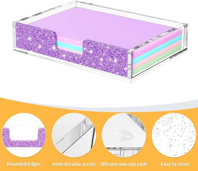 Acrylic Notepad Dispenser Organizer - 4 x 6 in Clear and Glitter Purple Sticky Note Holder W/O Pads Memo Holder for Dorm Room School Classroom Office Desk Organizer Aesthetic Supplies
