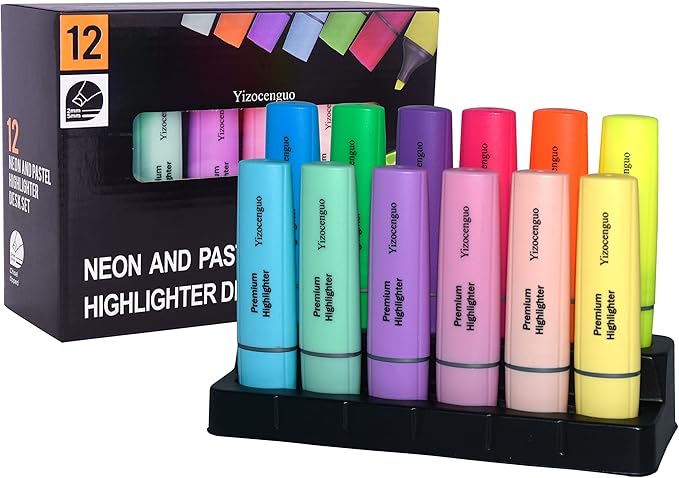Highlighters Assorted Colors, 12 Colors with Base, Bible Highlighter, Aesthetic Highlighters, Chisel Tip Marker Pen, for Office School Supplies