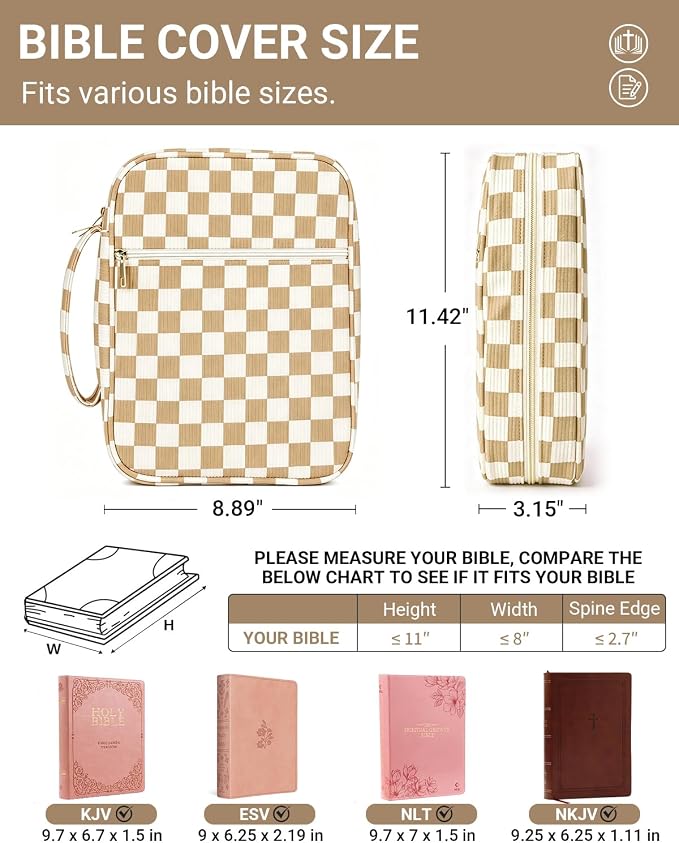 Bible Cover case for Women,Large Bible Bag,Bible Study Supplies,Checkered Corduroy Bible Case for Girls,Christian Gifts for Women,Mother's Day(Khaki Large)
