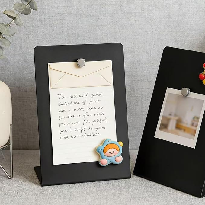 Magnet Board 7.87 x5.31 x 3.93 Stand Mini Black Metal Tabletop Memo Standing Magnetic Board for Desk - Magnetic Display for Back to School Menu Table， Photos，Memos (Black*2, 20 * 13.5 * 10cm)