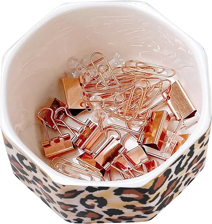 Ceramic Paper Clip Holder Gold Line Paper Clip Dispenser Organizer for Desk Cute Leopard Office Binder Clip Holder Bobby Pin and Hair Clip Holder Gift for Office Brown