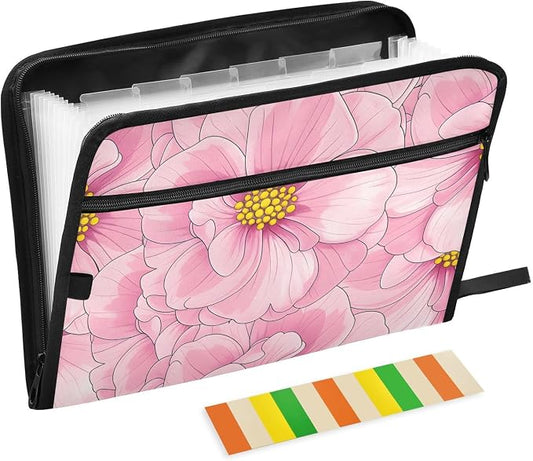 ALAZA Pink Flowers Floral Expanding Filing Folder, 13 Pockets Expandable Document Organizer Folder with Zipper Closure for Home Office A4 Letter Size Paper Document