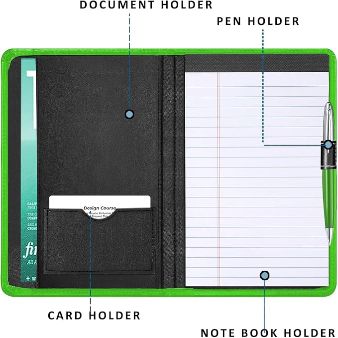 Mini Padfolio/Junior Portfolio Folder Case, Business A5 Binder Organizer Notepad for Men Women, 5 x 8 Writing Pad Included, Green