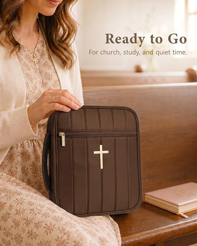 Wuflyover Bible Bag for Women with Study Set, Quilted Bible Cover Case with Handle, Bible Carrying Case for Church, Tabs, Notes, Pens and Highlighters, (Brown+Study Accessories)