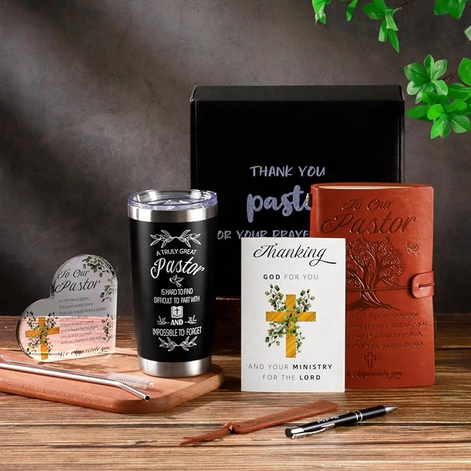 Pastor Gifts, Pastors Appreciation Gifts 7pcs Set For Men, 20oz Tumbler Leather Journal Cards Signs Pen Bookmark for Christian Christmas Birthday Retirement Anniversary