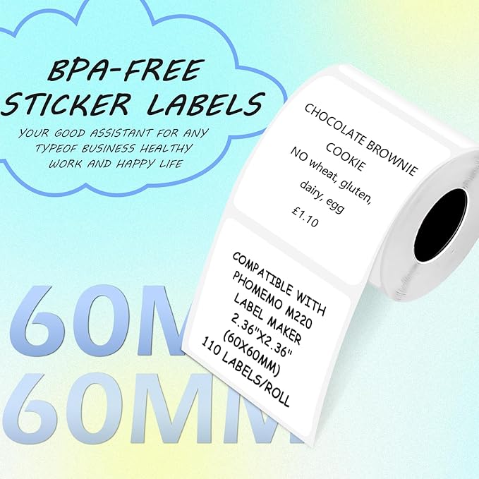 Thermal Labels Compatible with NIIMBOT B3S/K3 Label Printer,Compatible with Phomemo M221/M220/M120/M200/M250 Label Printer,2.36"x2.36"(60x60mm), 110 Labels/Roll, Black on White