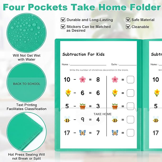 Henoyso 48 Pcs Take Home Folder Heavy Duty 2 Clear Front Pockets and 2 Inside Pockets Homework Folders for School Students Parent Teacher Classroom Communication (Green)