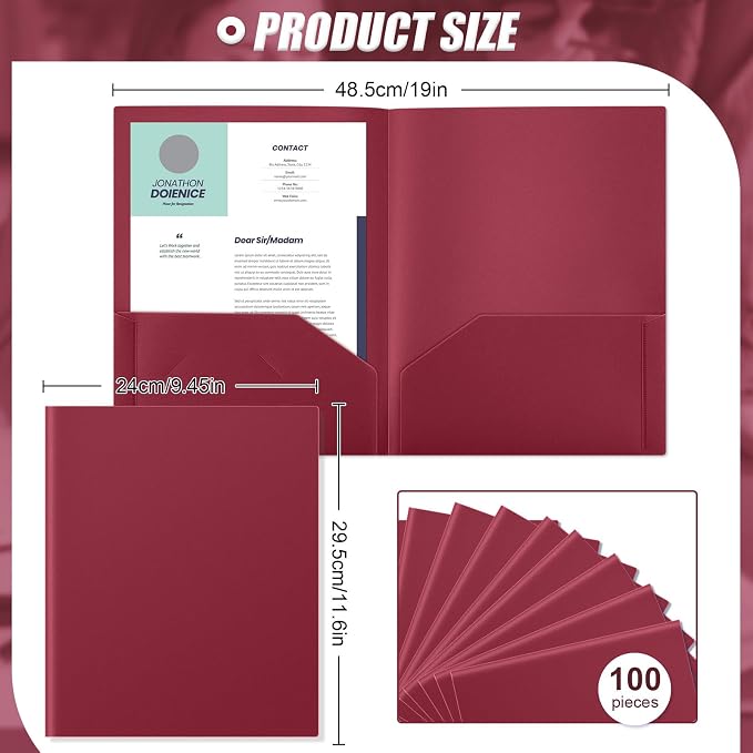 Gueevin 100 Pack Plastic Folder with Pockets, 2 Pocket Folders, Plastic Glossy Folders Fit Letter Size Paper, Heavy Duty Durable File Folder with Business Card for Home Office School (Dark Red)