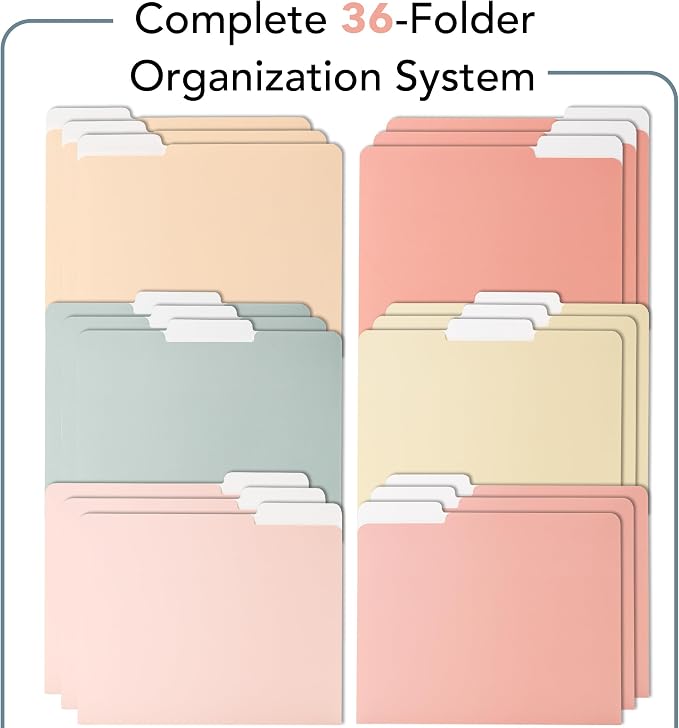 Mr. Pen- Poly File Folders with Tabs, 1/3 Cut Tab, 36 Pack, Letter Size, Vintage Colors, Plastic File Folders Letter Size (8.5 x 11 inches) for Office, School, Business, Documents Files Paper