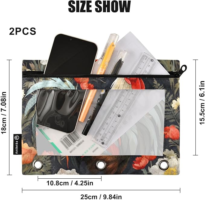 2 Pack 3 Ring Binder Pencil Pouch Cock Pencil Case Pencil Bags with Zipper, Clear PVC Binder Pockets for Office Daily Supplies