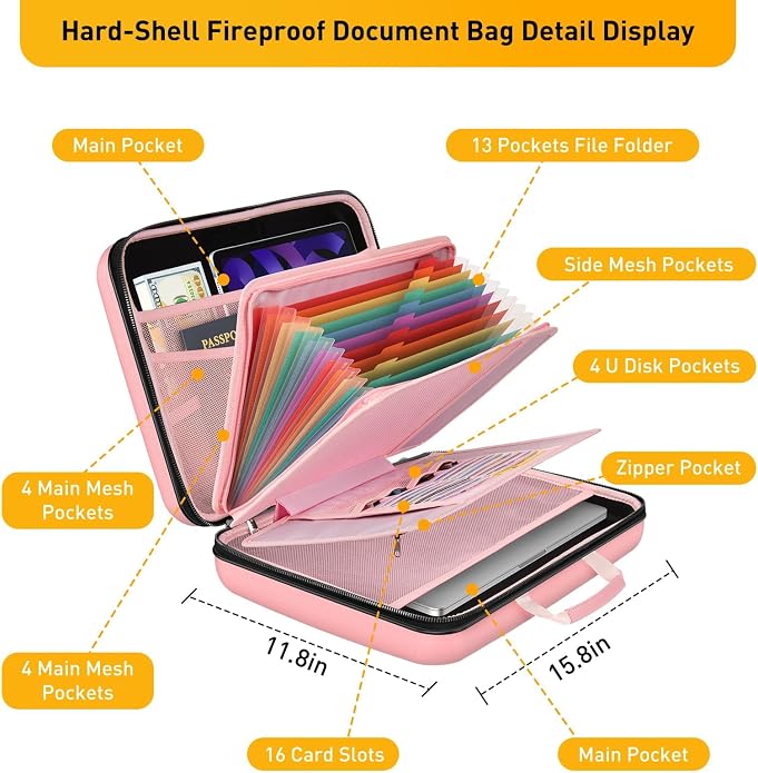 Fireproof Document Organizer Bag, 5200℉ File Organizer Safe Box, Hard Shell Document Bag with 13 Pocket Accordion File Folder