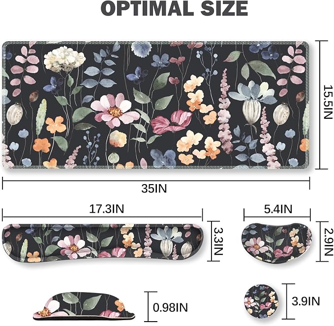 ARTSO Gaming Mouse Pad Wrist Support Set, XXL Large Desk Mat Mousepad + Keyboard Wrist Support+ Mouse Wrist Rest+Coaster 4in1 Ergonomic, Memory Foam, Stitched Edge for Home Office -Flowers Plants