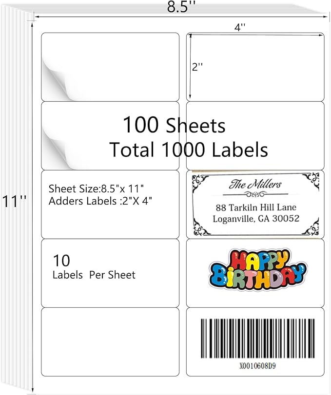 2” x 4" Label Stickers Shipping,1000 Mailing Labels, Printable White Sticker Label for Laser Inkjet Printer, Permanent Adhesive Mailing Address Labels for Packages Envelopes (100 Sheets)