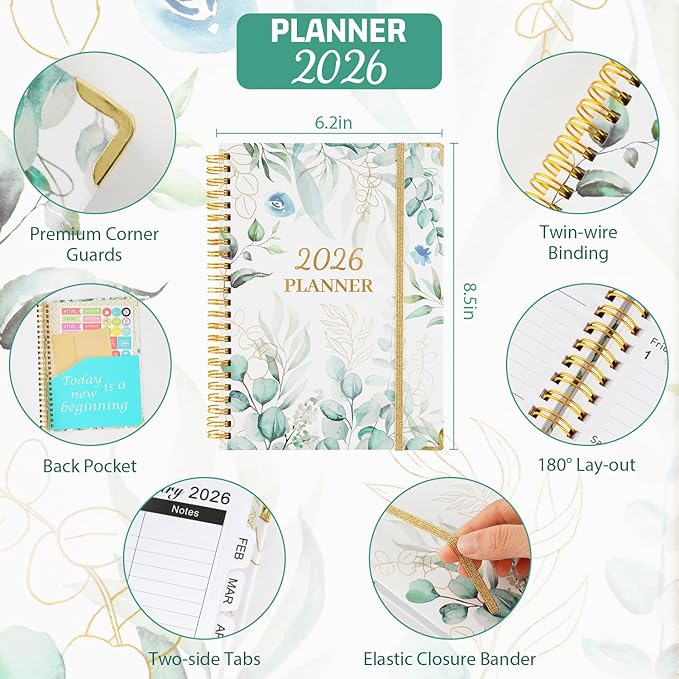 2026 Planner, Daily Weekly Monthly Planner with Tabs, 2026 monthly planner with Color Pen, Sticky Notes and Stickers, 6.2" x 8.5", Durable Twin Wire Binding, Storage Pocket -Eucalyptus Leaves Green
