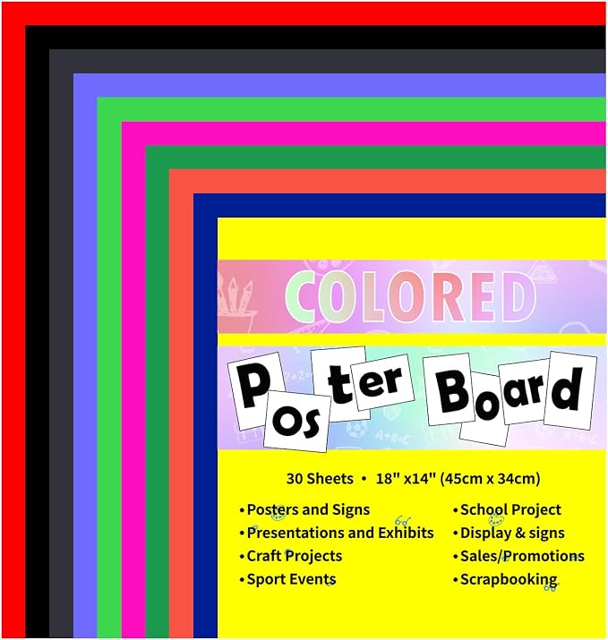 pmybupo 30 Pcs 14x18 Poster Board 10 Assorted Color Blank Graphic Display Boar,Bright Color Cardstock School Project Poster Board Paper for Art and Craft Graphic Display Presentation Drawing
