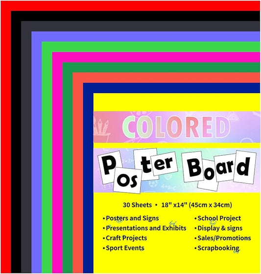 pmybupo 30 Pcs 14x18 Poster Board 10 Assorted Color Blank Graphic Display Boar,Bright Color Cardstock School Project Poster Board Paper for Art and Craft Graphic Display Presentation Drawing
