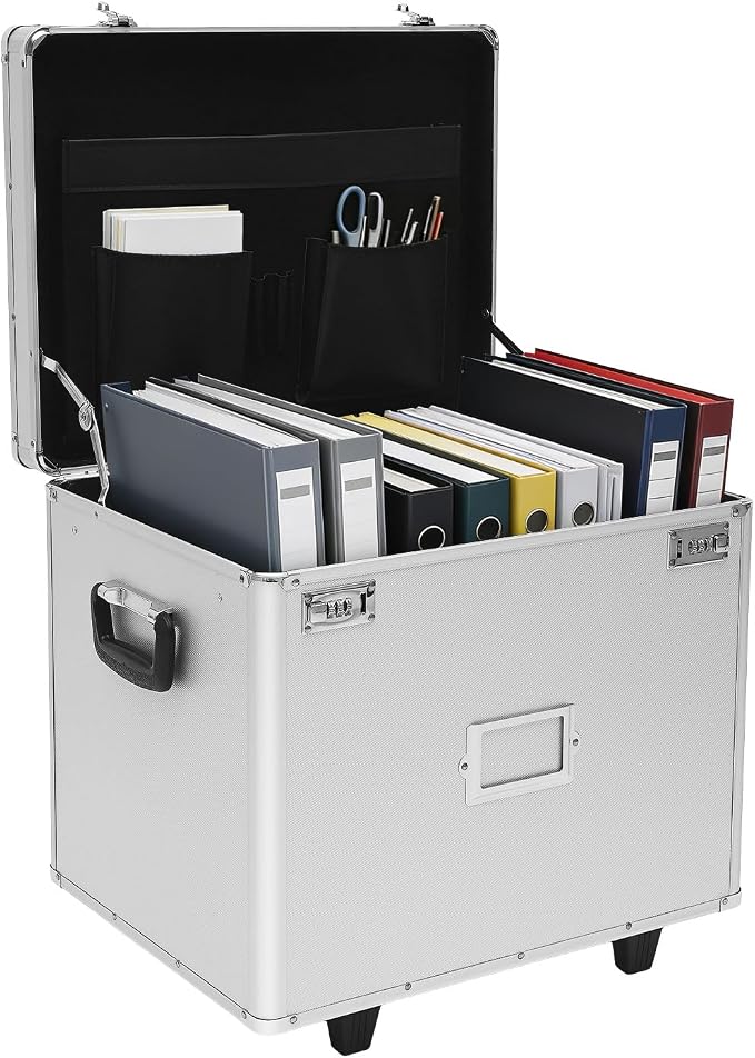 Rolling File Organizer Box, L19.2*D15*H16in Locking Document Storage Cabinet with Combination Locks & Telescopic Handle, Portable Filing Storage Box with Wheels for Office Travel, Silver