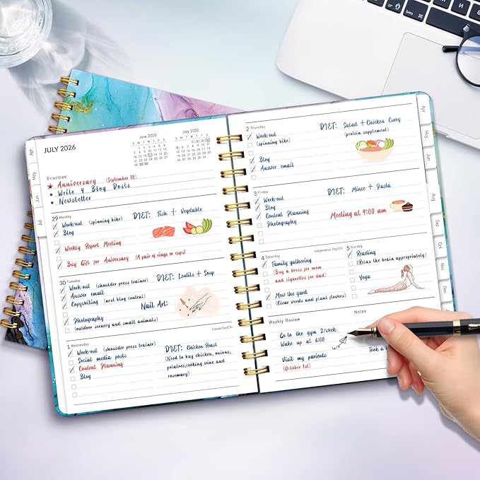 Lonely Oak Academic Planner 2026-2027, Daily Weekly and Monthly Agenda Planner 6.18" x 8.5" with Tabs, 15 Months Spiral School Year A5 Calendar from Apr.2026 to Jun.2027 for Student and Teacher (Cyan Marble)