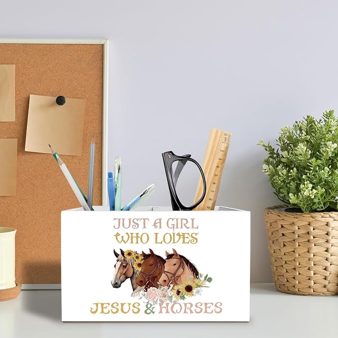 Floral Horse Christian Pen Holder for Desk, Horse Lover Gifts Pencil Organizer, Just a Girl Who Loves Jesus and Horses Wooden Box Sign Desk Decor for Girls Room Home Decoration