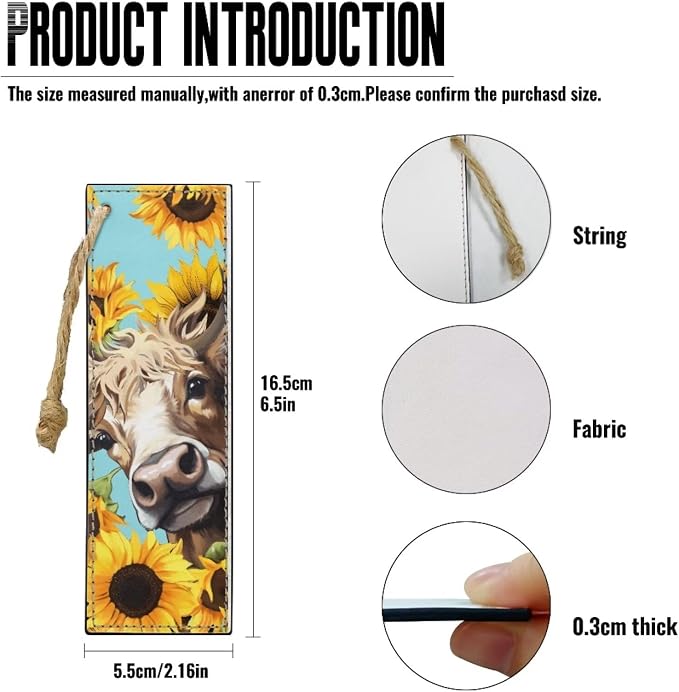 2 Pack Leather Cow Sunflower Bookmark Bookmarks for Teachers, Students, Book Lovers Pocket Kitten Fun Book Marks for Reading Cool Bookmarks, Adults Kids