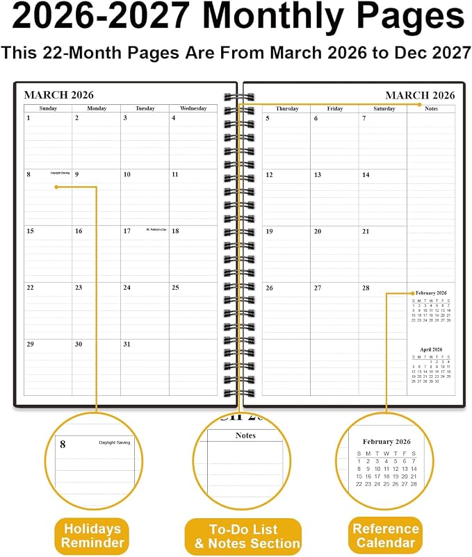 Monthly Planner 2026-2027 – Monthly Calendar from July 2026 to December 2027, 18 Month Planner with Spiral Binding, Inner Pocket, Elastic Closure, 5.8" x 8.5", Black