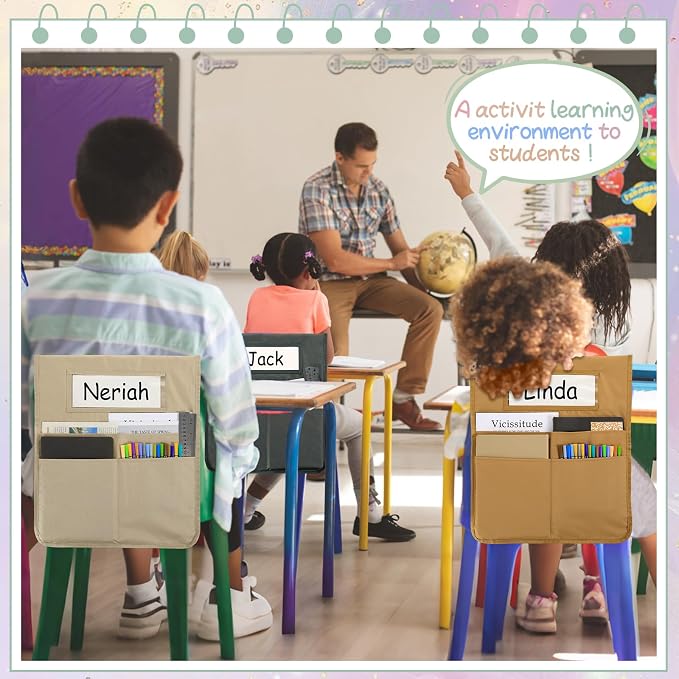 gisgfim 24 Pcs Chair Pockets for Classroom 16.7 x 19.3 Inch s with Name Tag Chairback 3 Pockets Chairs Seat Back Organizer for Elementary School Daycare Home Supply (Earth Color)