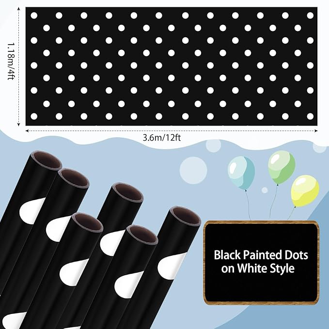 Skyygemm 6 Rolls Classroom Bulletin Board Paper Roll Polka Dot 4 x 12 ft Fade Resistant Colored Background Paper Bulk for Art Decor Drawing Craft(Cute Black)