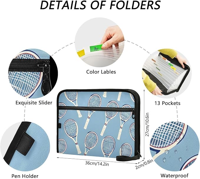 Expanding File Folder Tennis Racket Blue Accordion File Organizer 13 Pockets Document Organizer with Zipper Labels A4 Letter Office Storage