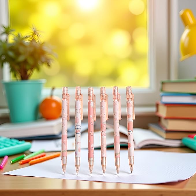 6 Pcs Mechanical Pencils with Eraser,Cute Mechanical Pencils With Top Peach Automatic Stationery Gift Peach Automatic School Office Supply,Writing and Correction Supplies