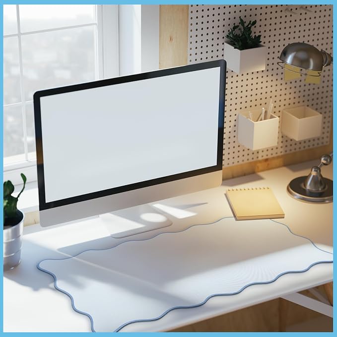 Hahafelt Scalloped Desk Mat Large Desk Pad Cute Coquette Table Mat Back to School Preppy Table Make up Pad Nonslip Graduation Gift with Stitching Waterproof Gaming(Blue,31.5 x 15.8 Inches)