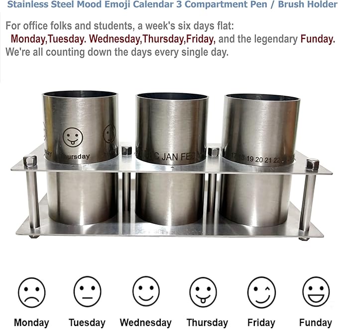 Stainless Steel Mood Emoji Calendar Desk Organizer, 3 Compartment Pen and Brush Holder with Days of Week and Date Calendar