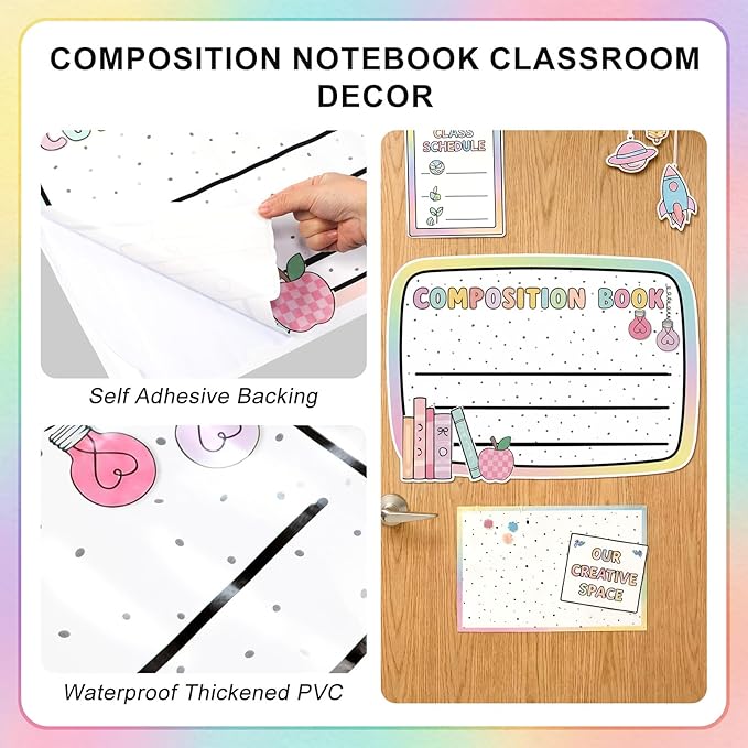 Gueevin 4 Pcs Large 23 * 16.5 inch Composition Book Cutouts Composition Notebook Bulletin Board Trim for Classroom Door First Day of School Wall Windows Porch Sign(Pastel)